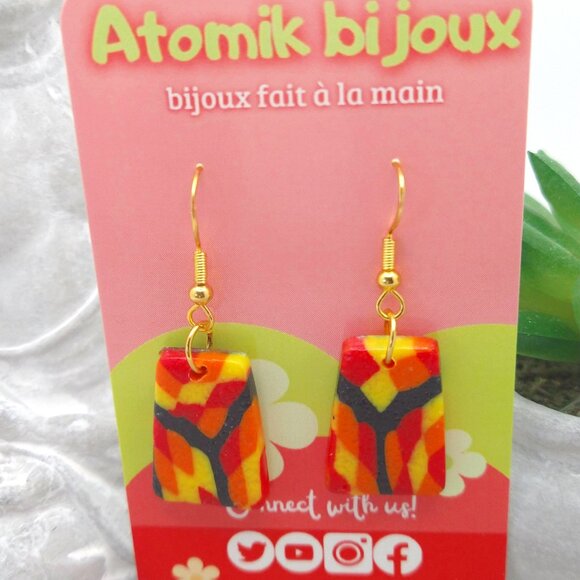 Handmade black, yellow, red and orange polymer clay earrings. Boucles d'oreilles - Picture 5 of 6